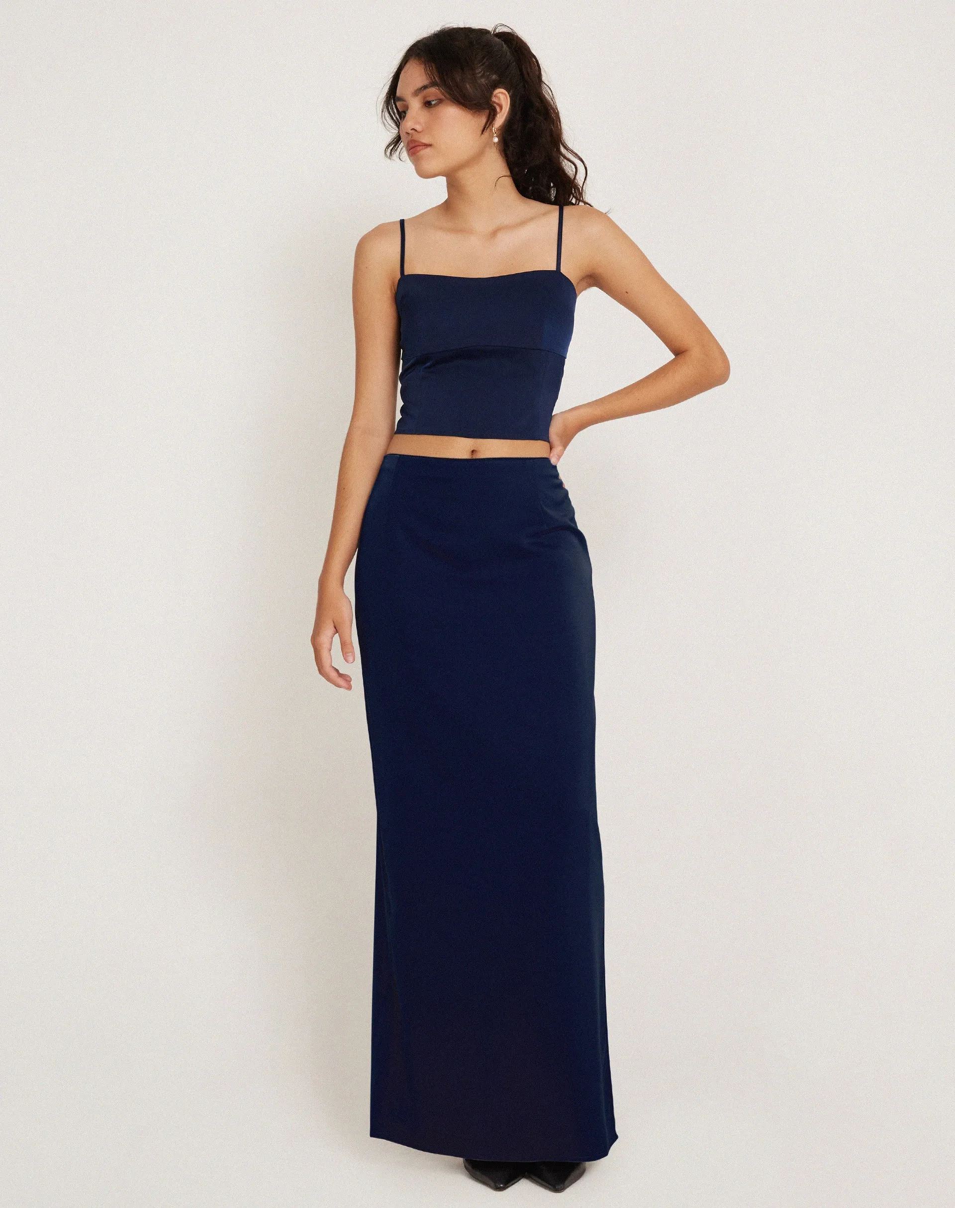 Layla Maxi Skirt in Satin Midnight Navy Blue