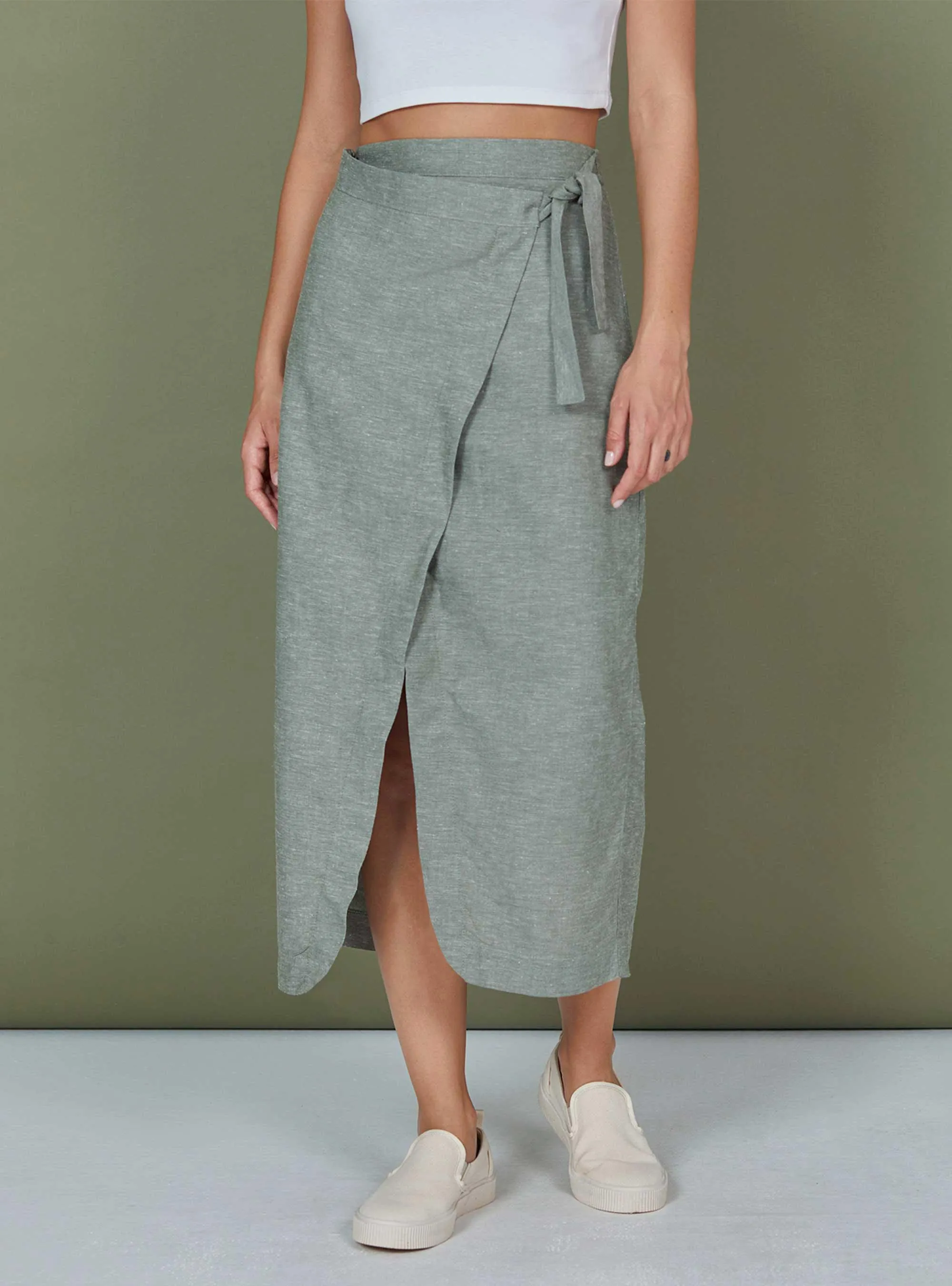 LINEN WRAPOVER MIDI SKIRT