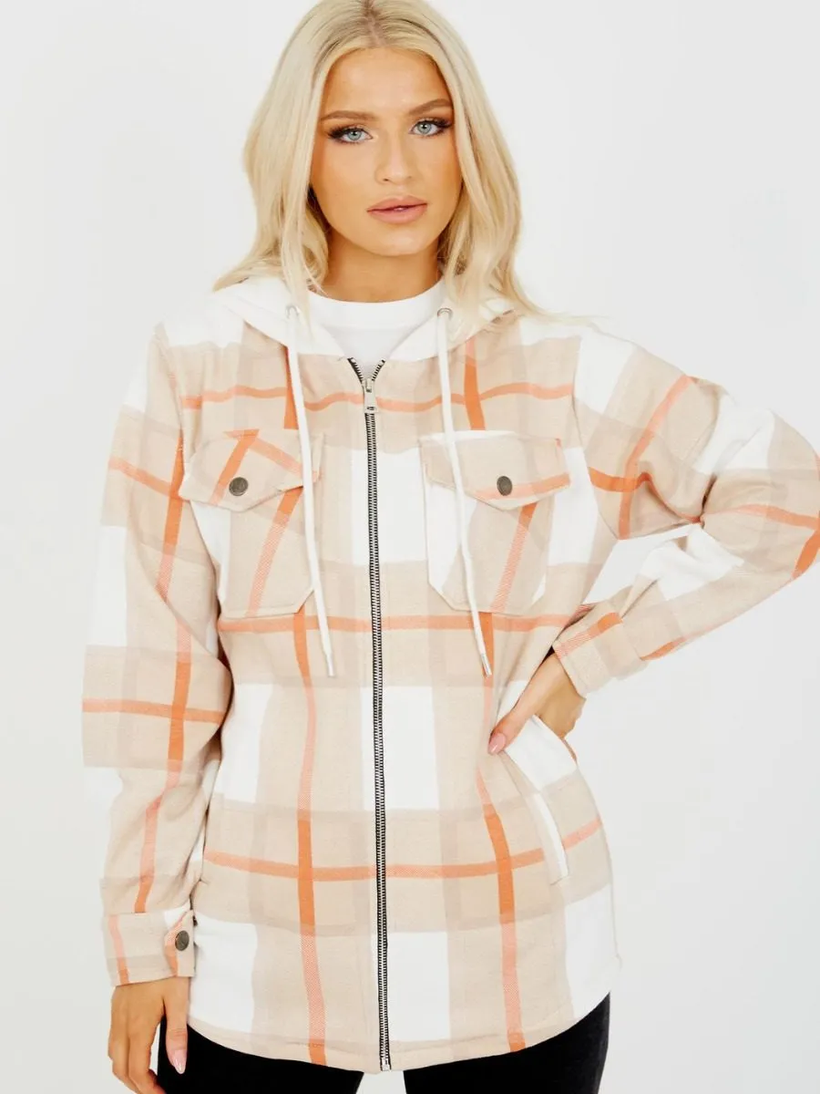 Lisa Thick Checked Shacket With Zip & Hood In Stone