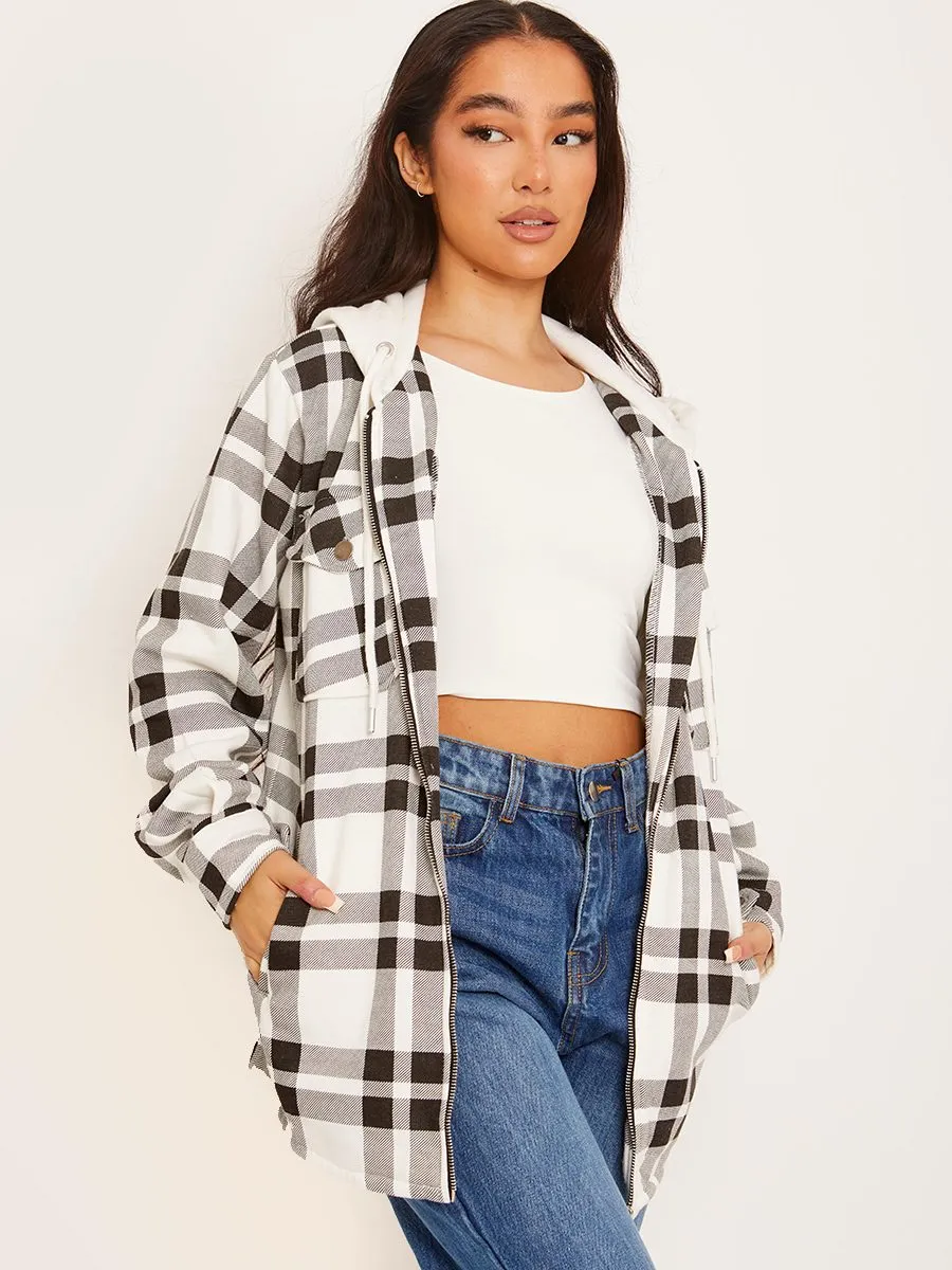 Lisa Thick Checked Shacket With Zip & Hood In White