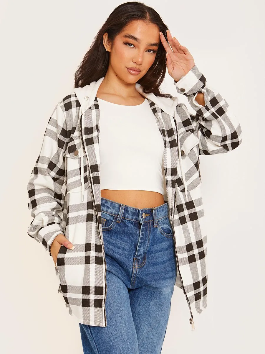 Lisa Thick Checked Shacket With Zip & Hood In White