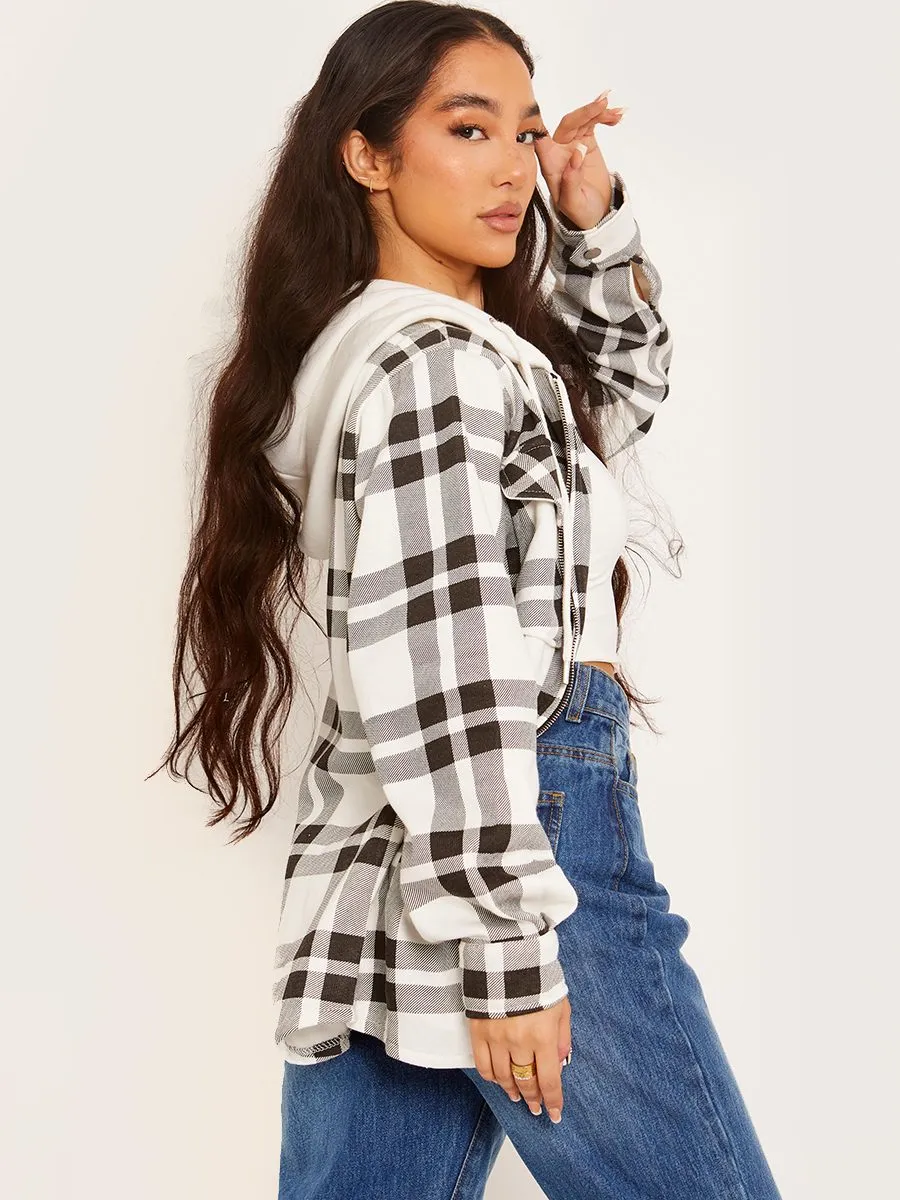 Lisa Thick Checked Shacket With Zip & Hood In White