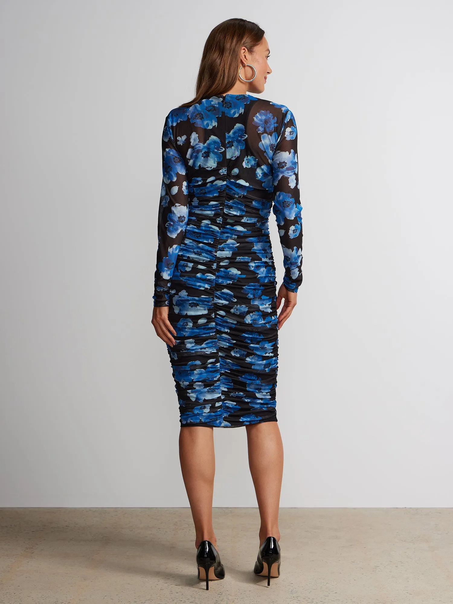 Long Sleeve Floral Mesh Ruched Midi Dress