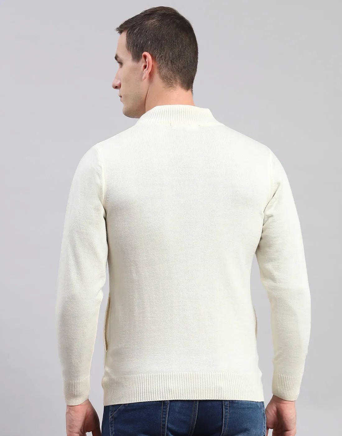 Men Cream Solid Stand Collar Full Sleeve Pullover