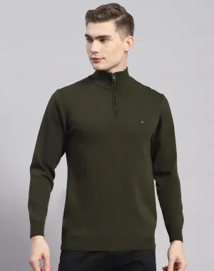 Men Green Solid H Neck Full Sleeve Pullover