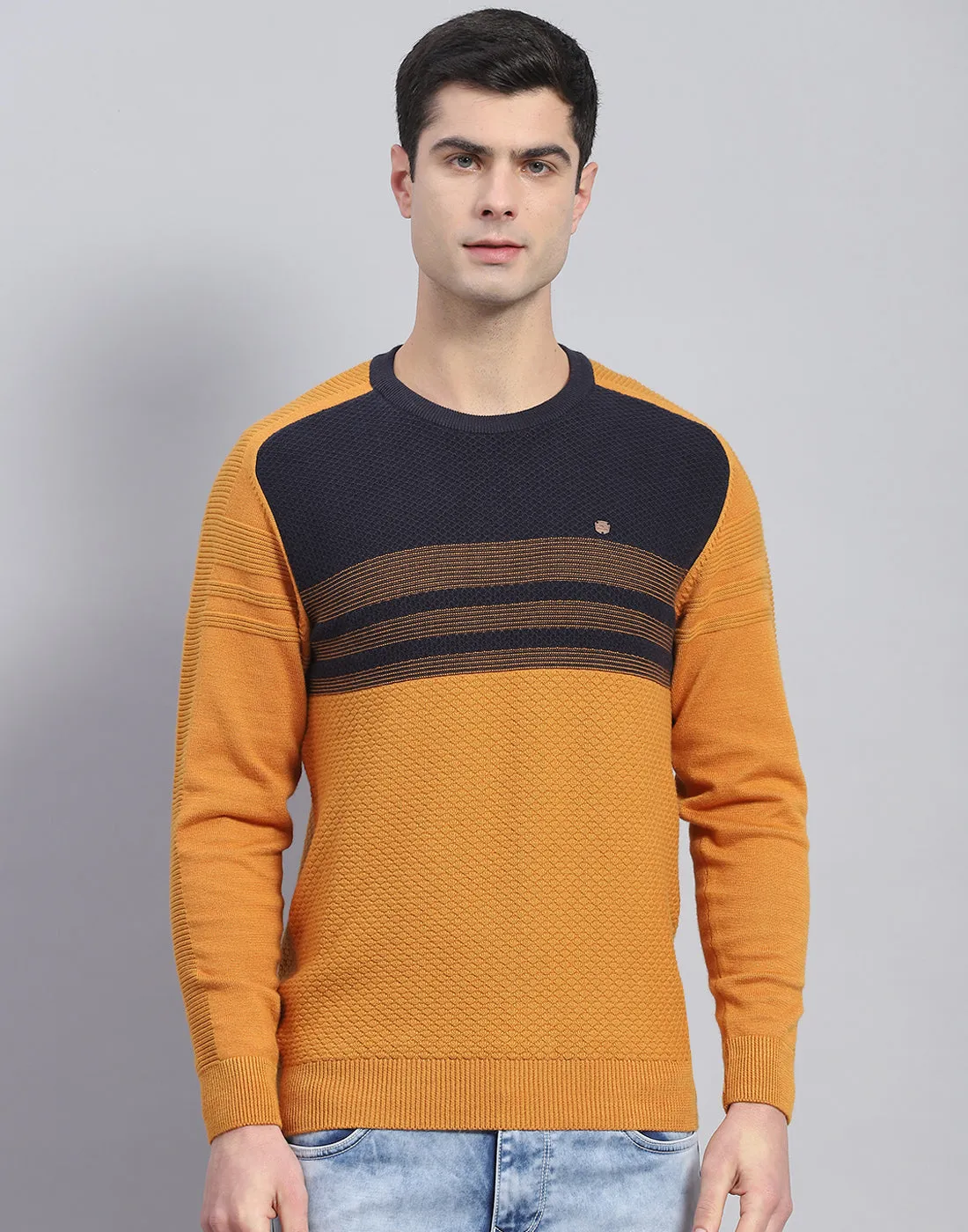 Men Mustard Self Design Round Neck Full Sleeve Pullover