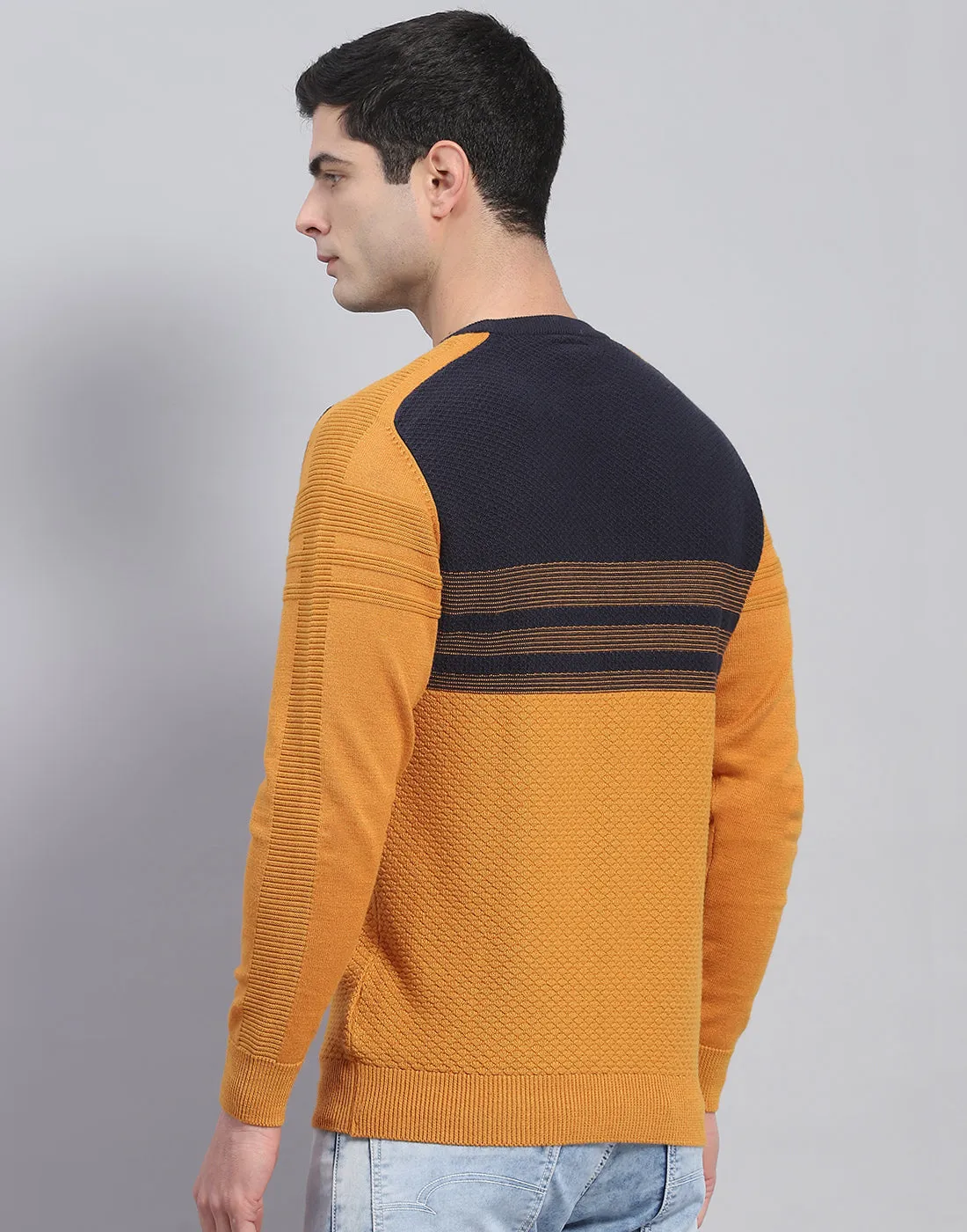 Men Mustard Self Design Round Neck Full Sleeve Pullover