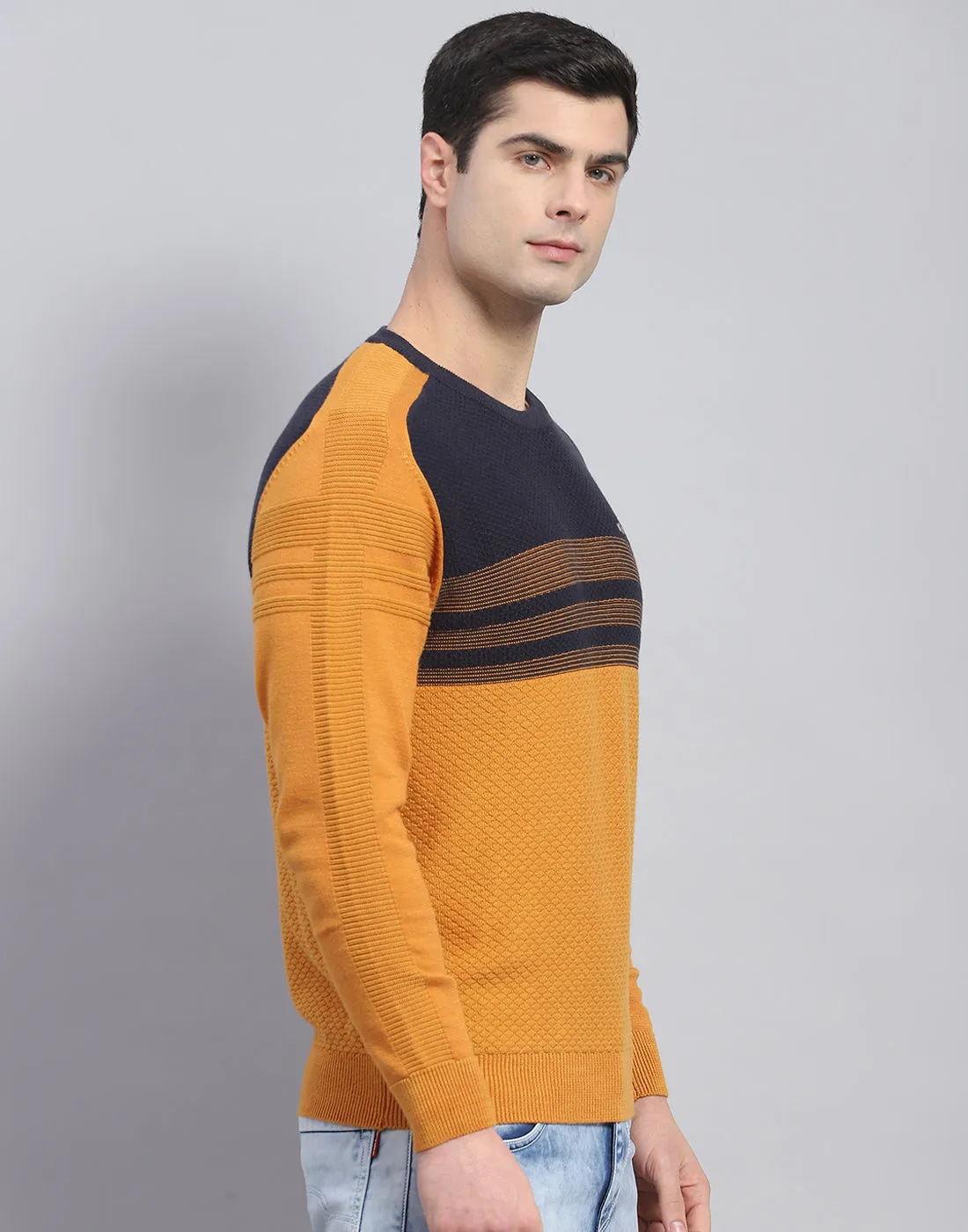 Men Mustard Self Design Round Neck Full Sleeve Pullover