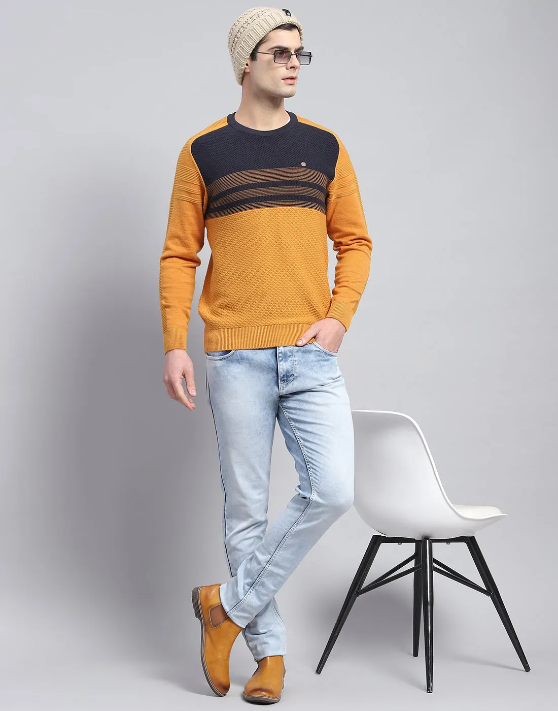 Men Mustard Self Design Round Neck Full Sleeve Pullover