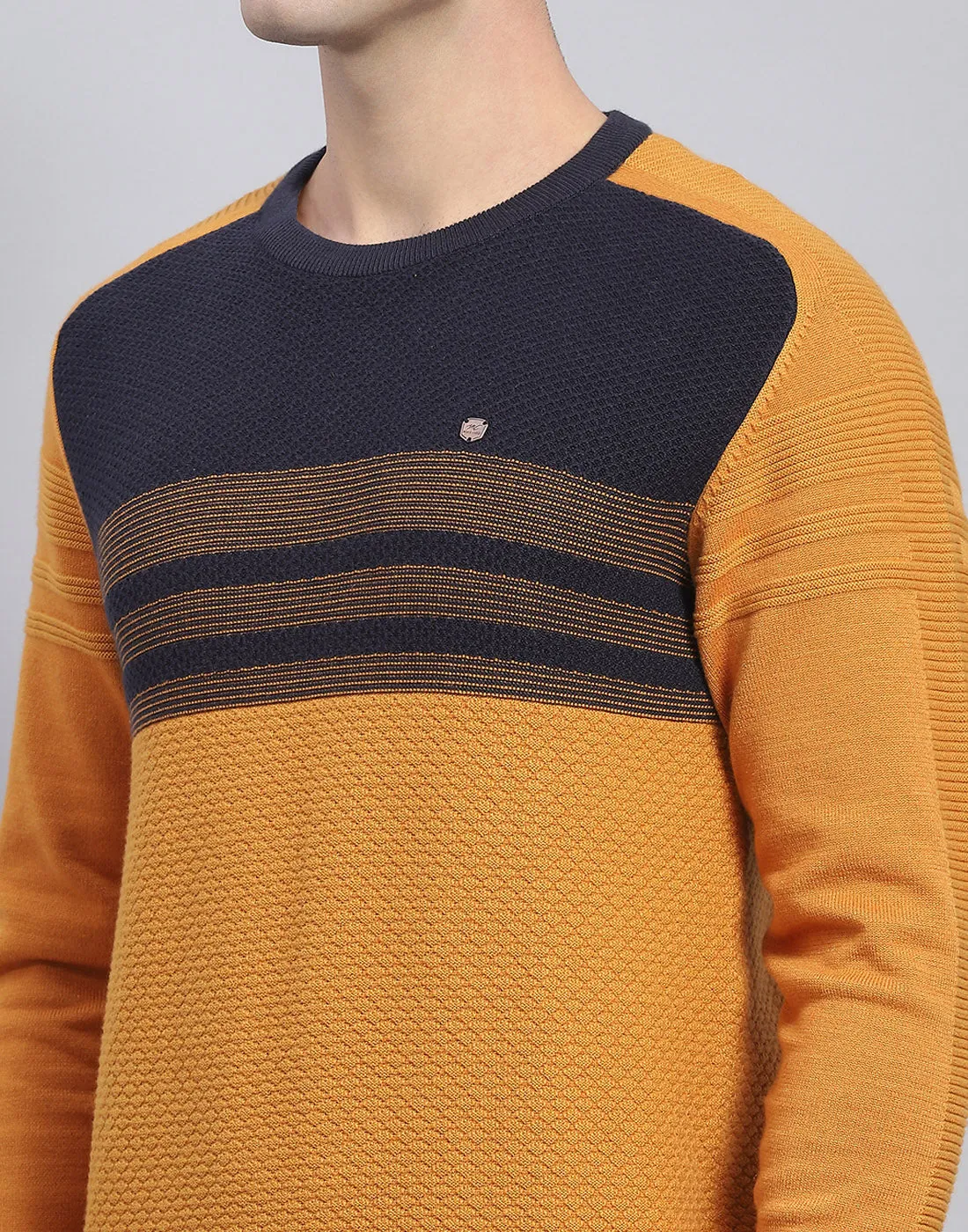 Men Mustard Self Design Round Neck Full Sleeve Pullover