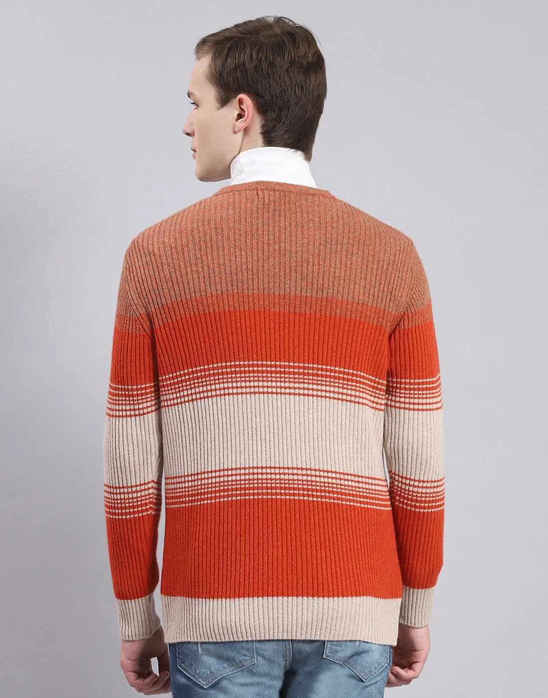 Men Rust Stripe V Neck Full Sleeve Sweater