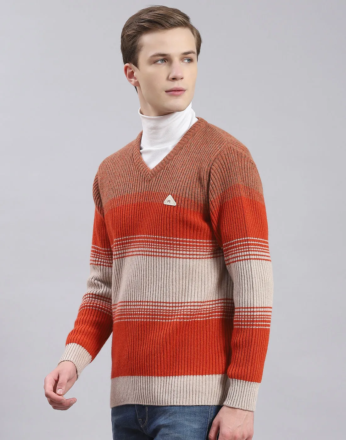 Men Rust Stripe V Neck Full Sleeve Sweater