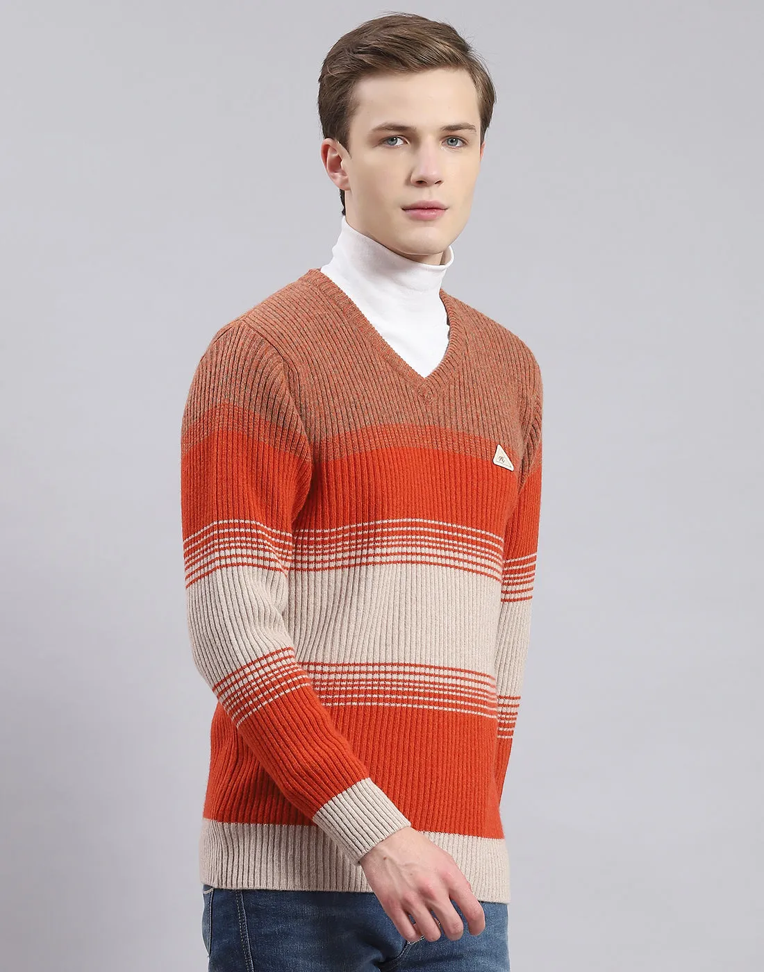 Men Rust Stripe V Neck Full Sleeve Sweater