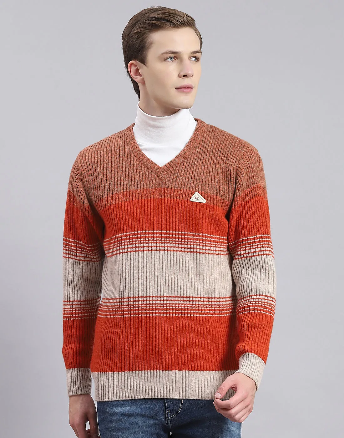 Men Rust Stripe V Neck Full Sleeve Sweater