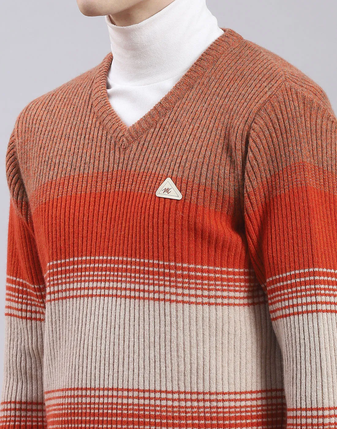 Men Rust Stripe V Neck Full Sleeve Sweater