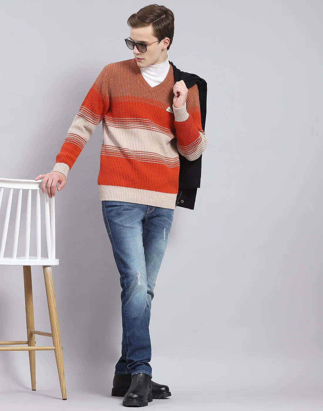 Men Rust Stripe V Neck Full Sleeve Sweater