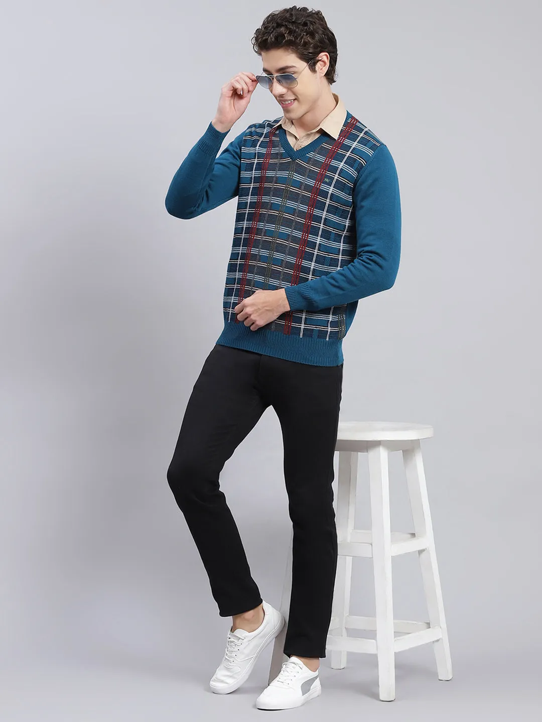 Men Teal Blue Printed Wool blend Pullover