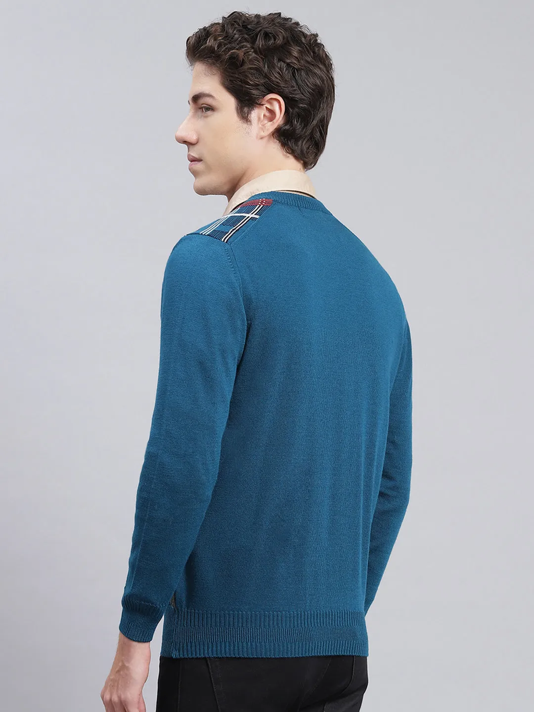 Men Teal Blue Printed Wool blend Pullover