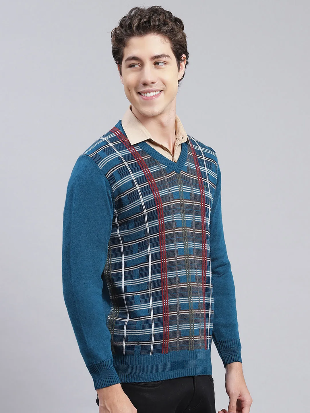 Men Teal Blue Printed Wool blend Pullover