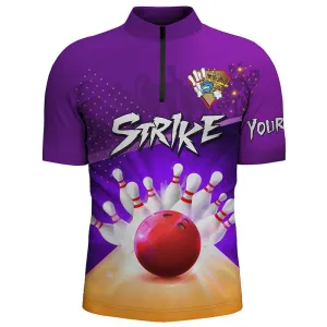 Men's Bowling Quarter-Zip Shirt Custom bowling ball and pins strike purple team Men Bowlers Jerseys