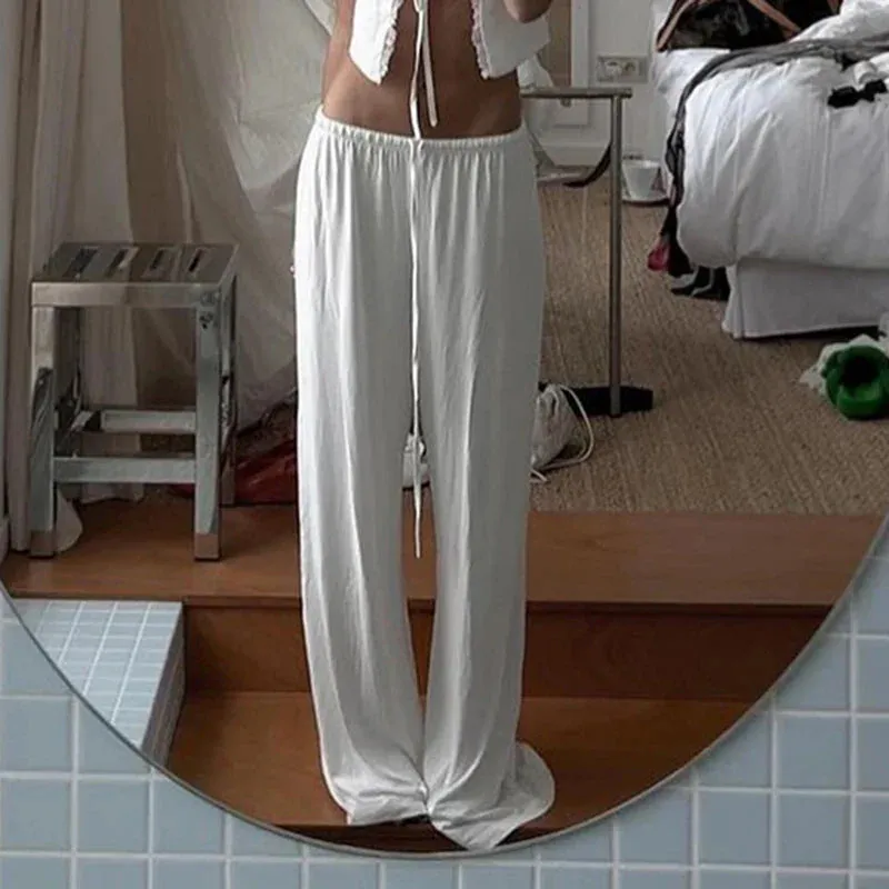 Metaversmall Casual Loose White Straight Leg Women Pants Homewear Sweatpants Shirring Basic All-Match Full Length Trousers Bottoms