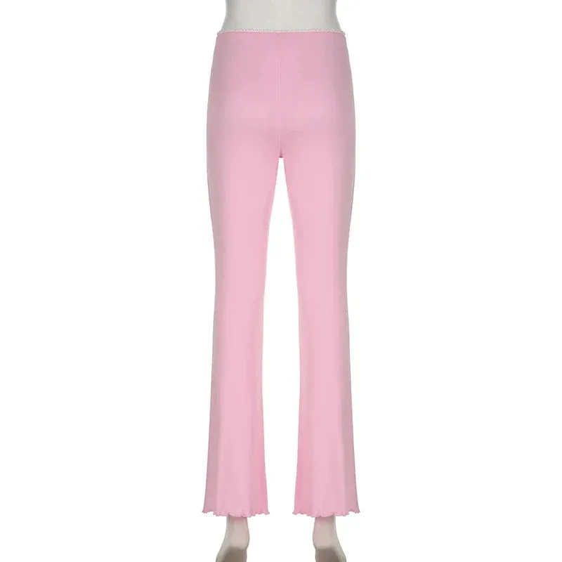 Metaversmall Casual Ruched Skinny Pink Women Pants Sweet Homewear Appliques Sporty Chic Flare Trousers All-Match Sweatpants Korean