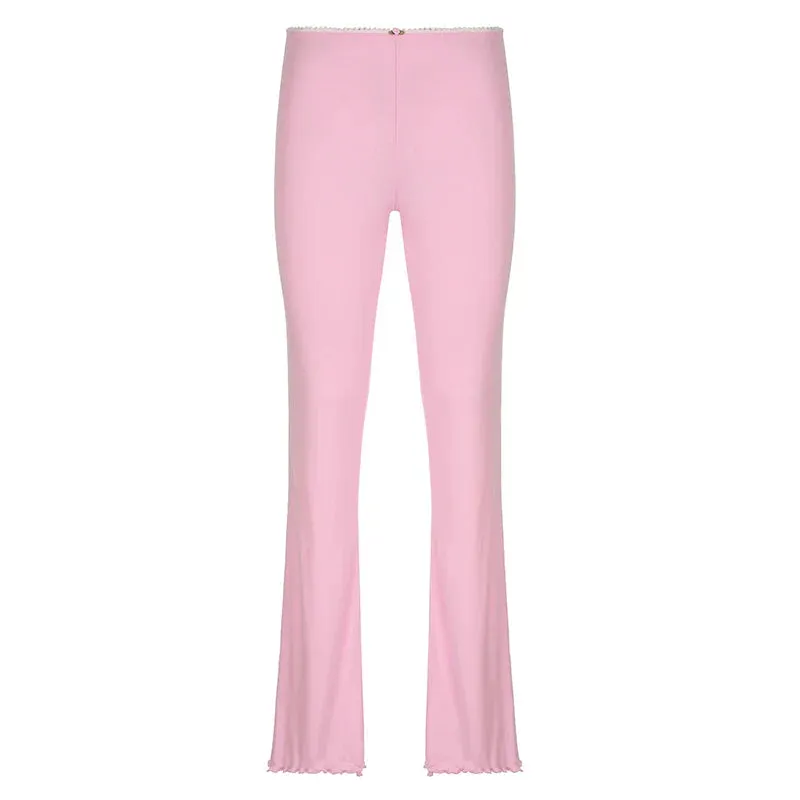 Metaversmall Casual Ruched Skinny Pink Women Pants Sweet Homewear Appliques Sporty Chic Flare Trousers All-Match Sweatpants Korean