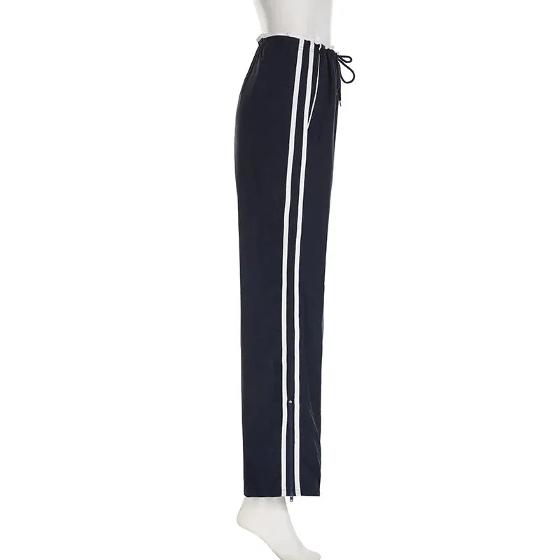 Metaversmall Streetwear Drawstring Stripe Women Trousers Straight Leg Casual Baggy Pants Patchwork Sporty Joggers Sweatpants 2024