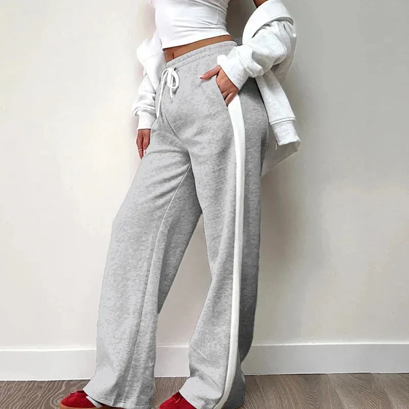 Metaversmall Streetwear Stripe Spliced Autumn Sweatpants Women Trousers Sporty Casual Elastic Waist Homewear Pants Straight Bottom