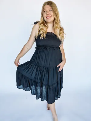 Midnight Mirage Ruffle Midi Dress