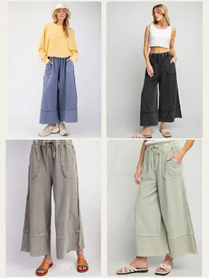 MINERAL WASHED TERRY KNIT PALAZZO PANTS - ASSORTED COLORS