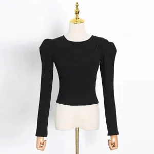 Minimalist Solid Slimming T Shirts For Women Round Neck Long Sleeve Asymmetrical Short Fashion Casual T Shirt Female Style