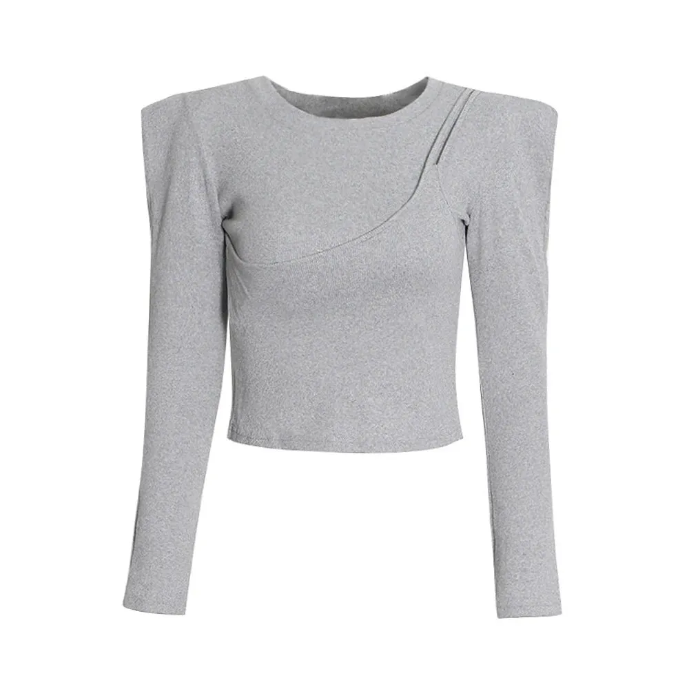 Minimalist Solid Slimming T Shirts For Women Round Neck Long Sleeve Asymmetrical Short Fashion Casual T Shirt Female Style