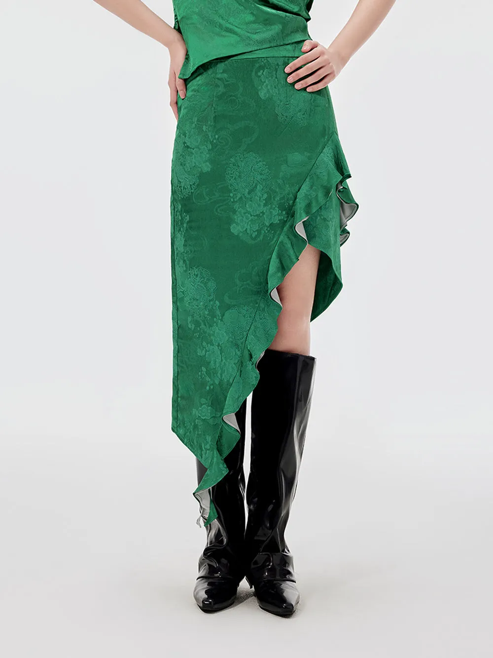 MUKZIN Green Irregular Lace Slim Midi Skirt