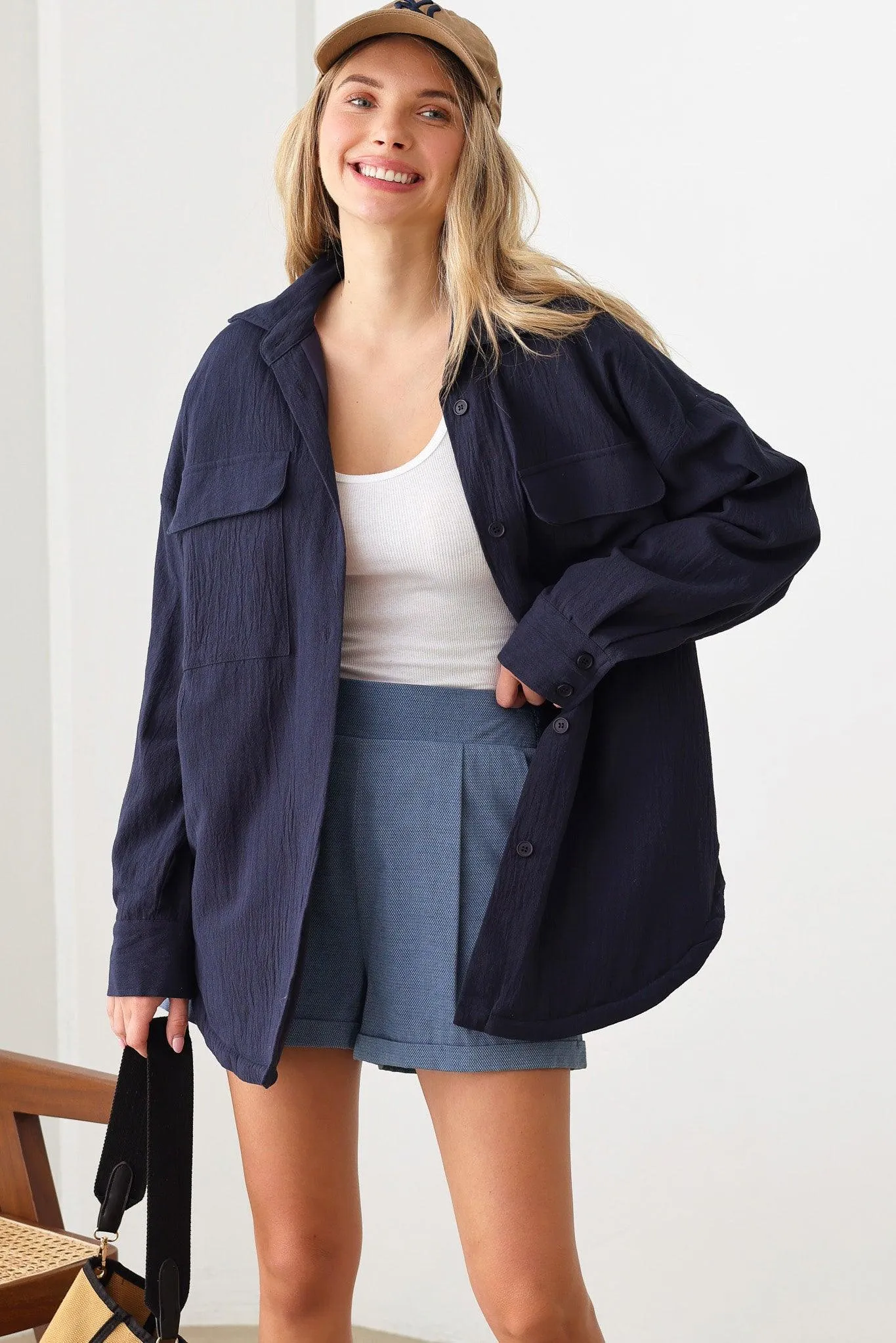 Oversize Wrinkled Two Front Pocket Button Down Shacket Jacket