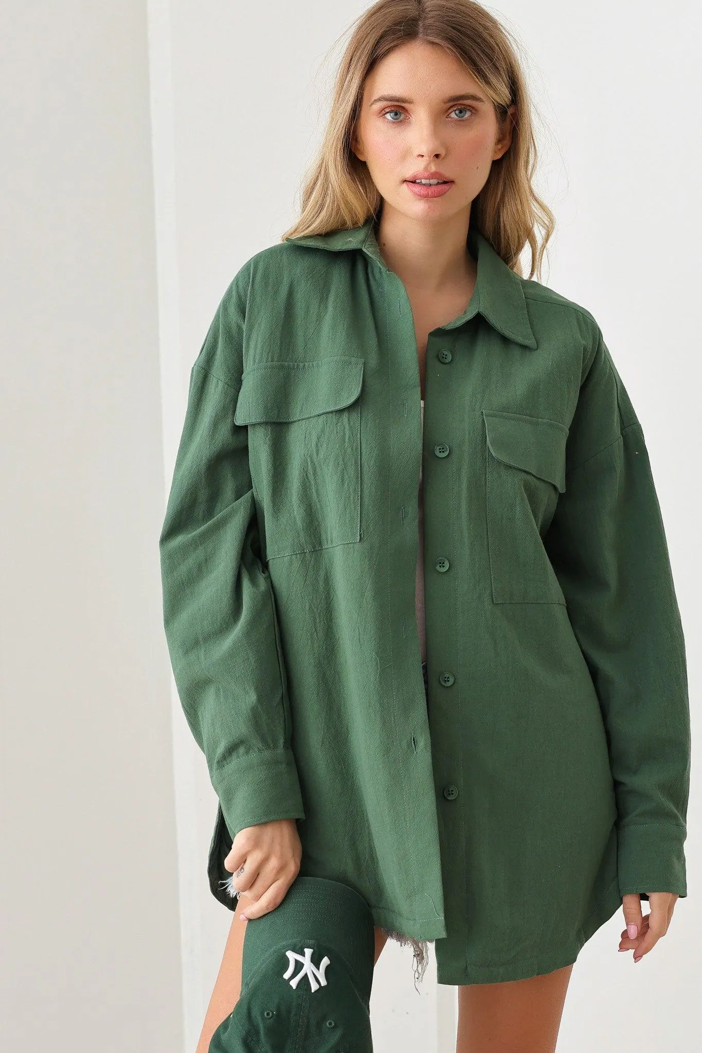 Oversize Wrinkled Two Front Pocket Button Down Shacket Jacket