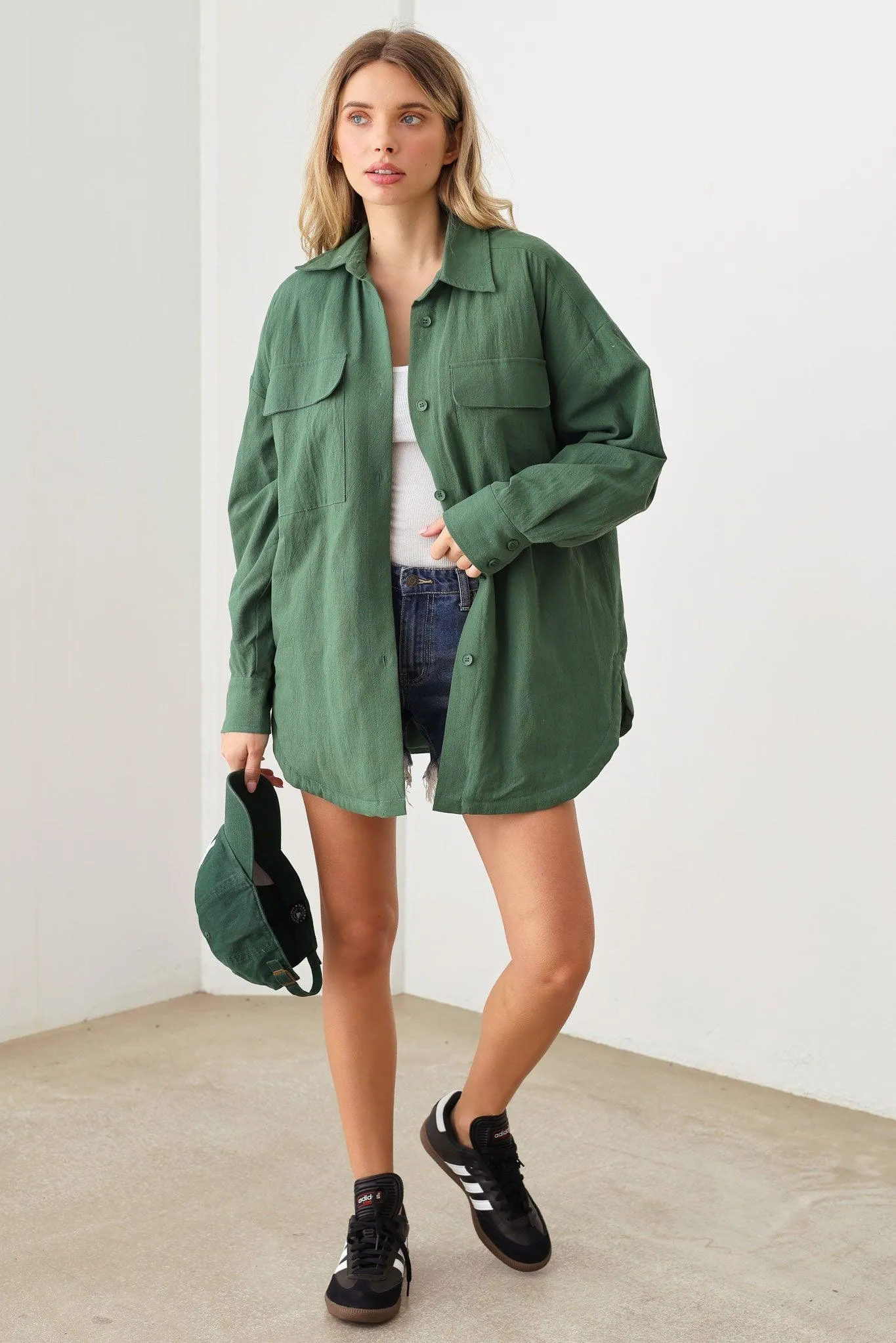 Oversize Wrinkled Two Front Pocket Button Down Shacket Jacket