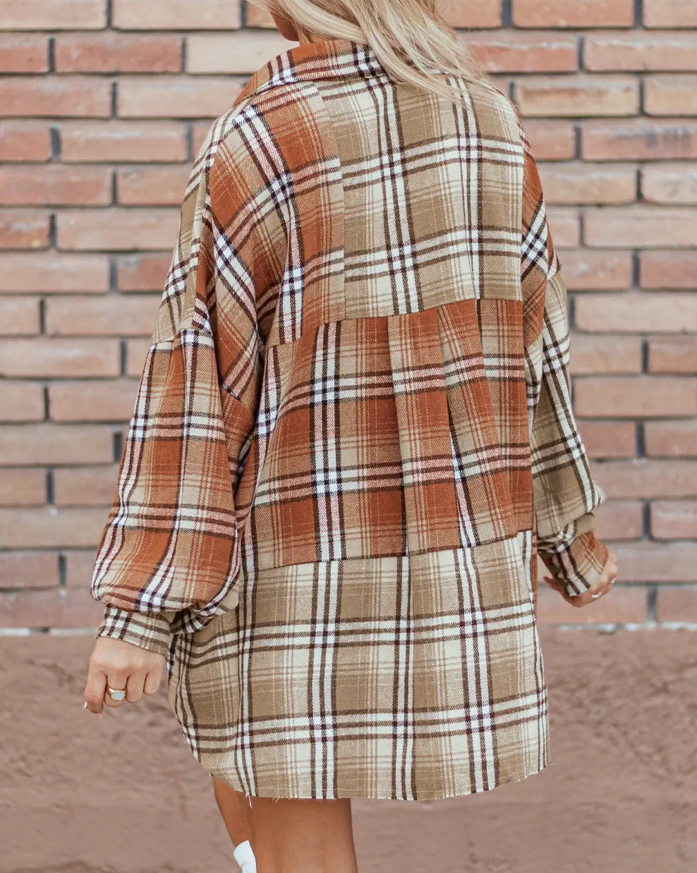 Plaid Colorblock Bishop Sleeve Shacket