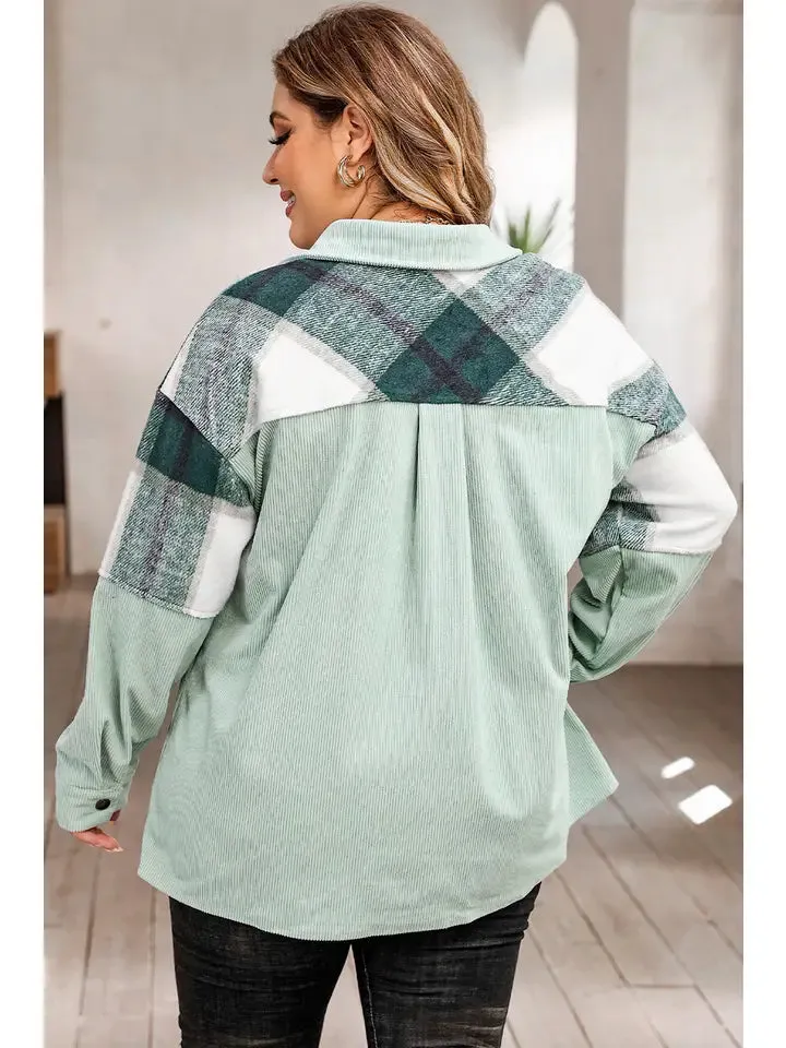 Plaid Patchwork Corduroy Shacket (Plus)