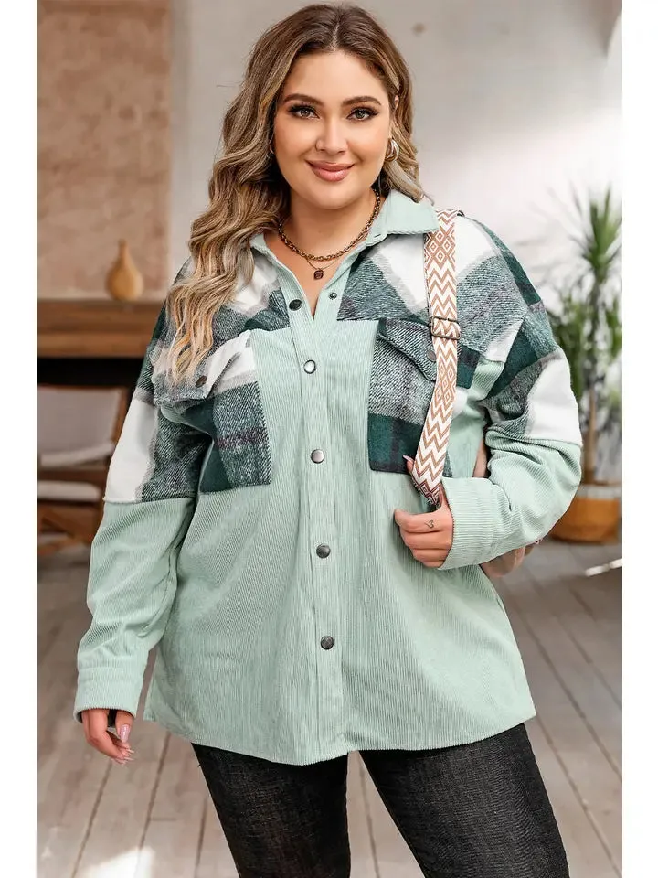 Plaid Patchwork Corduroy Shacket (Plus)