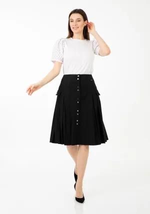 Pleated Button-Front Black Midi Skirt