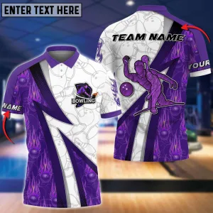 Purple Fire Bowling Ball And Pins Pattern Customized Name 3D Shirt, Bowling Polo Shirt for Man