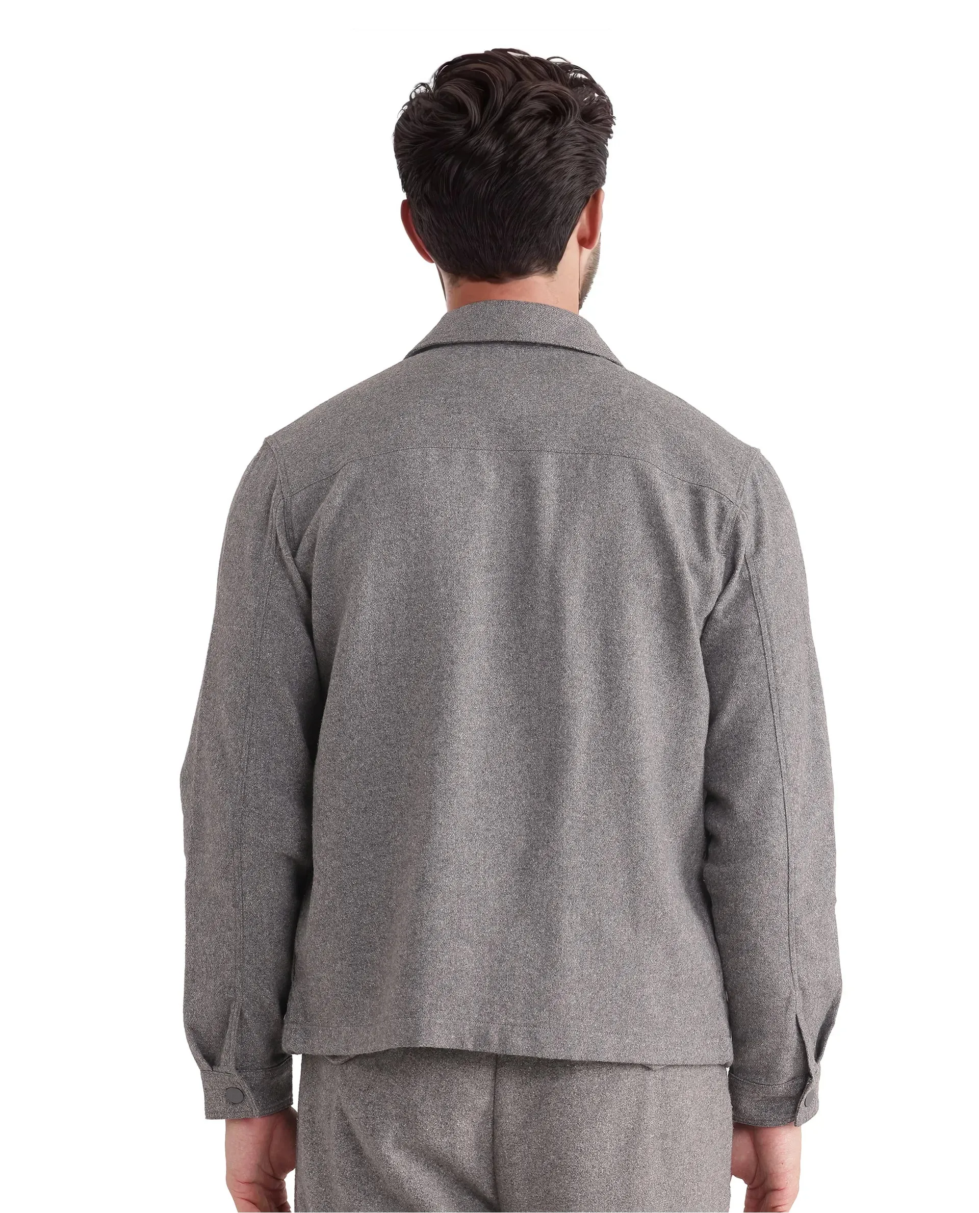 Rare Rabbit Men's Kaai Dark Grey Viscose Nylon Fabric Full Sleeve Plain Shacket