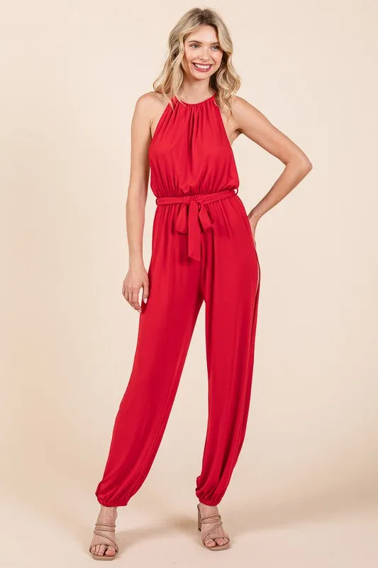 Red Halter Neck Shirred Belted Split Leg Jumpsuit