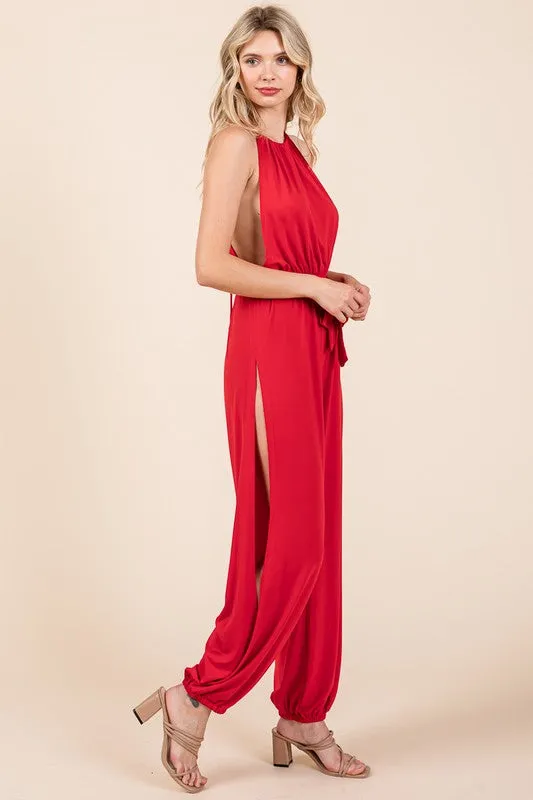 Red Halter Neck Shirred Belted Split Leg Jumpsuit