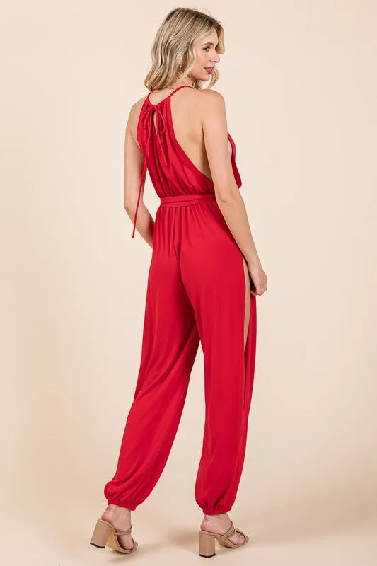 Red Halter Neck Shirred Belted Split Leg Jumpsuit