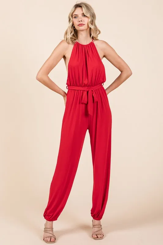 Red Halter Neck Shirred Belted Split Leg Jumpsuit