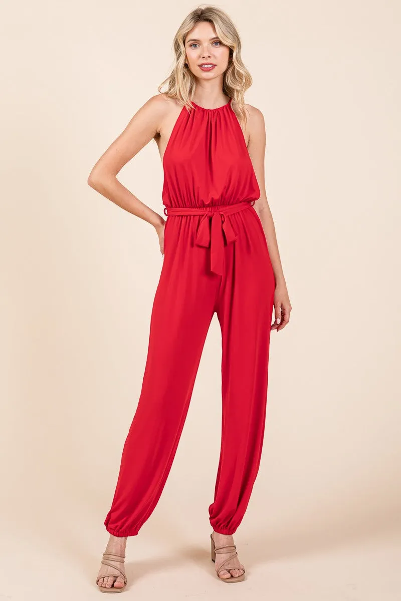 Red Halter Neck Shirred Belted Split Leg Jumpsuit