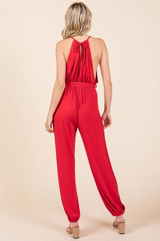 Red Halter Neck Shirred Belted Split Leg Jumpsuit