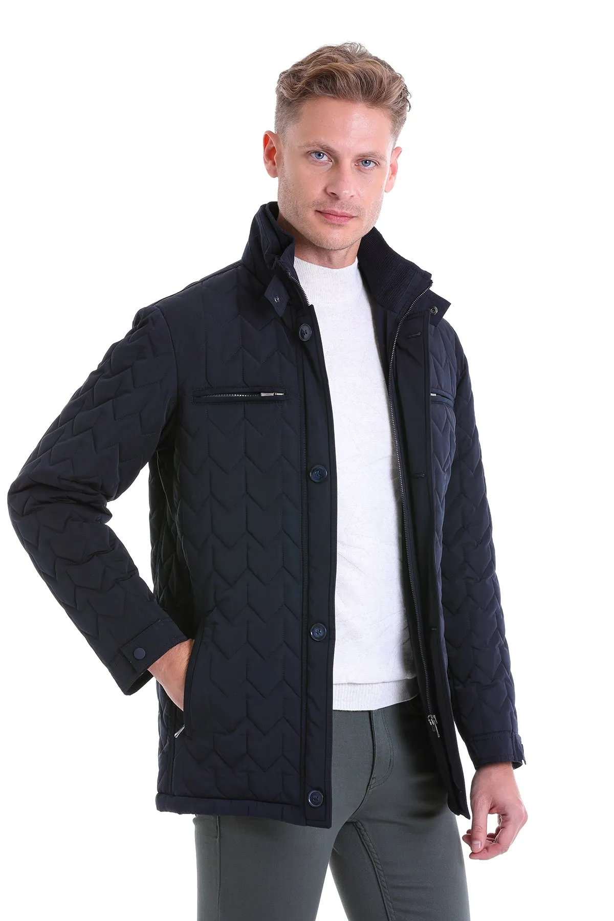 Regular Fit Quilted 1655 Stand Collar Khaki Coat, Navy